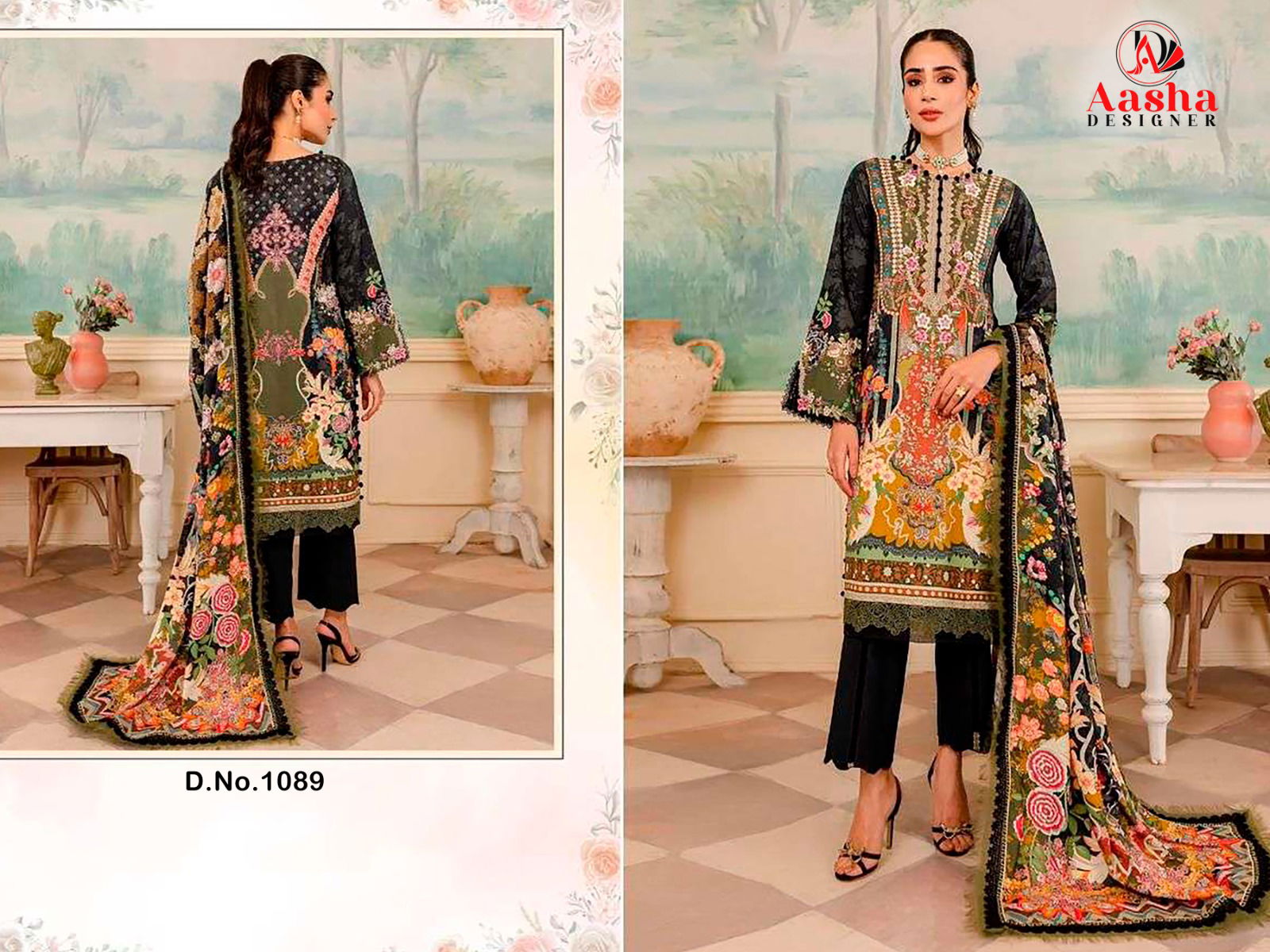 Aasha 1088 And 1089 Printed Embroidery Cotton Pakistani Suits Wholesale Online
